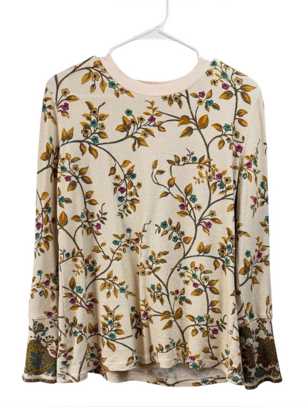 Sundance Size Large Thermal Top Floral Cotton Blend Waffle Knit Cream Branch